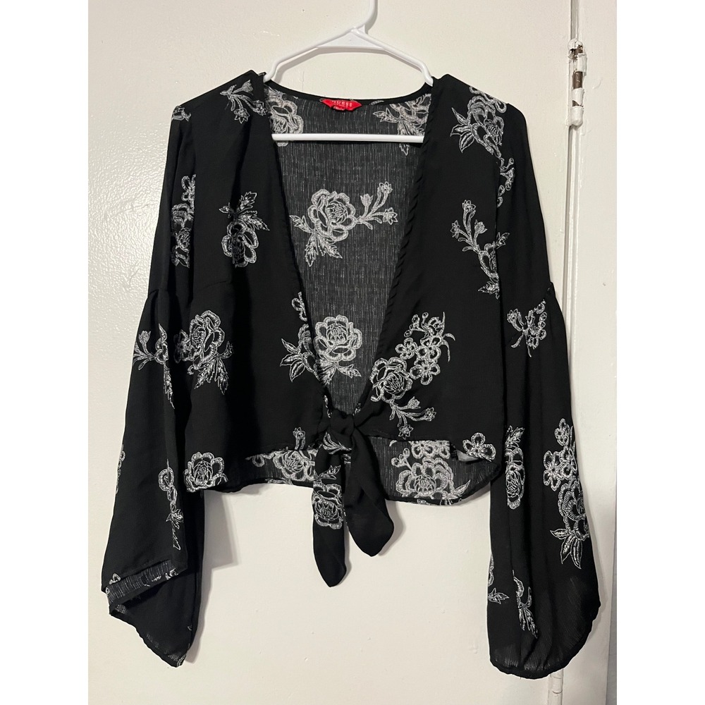 GUESS Women XL Black Floral Bell Sleeve Tie Front Crop Top Q6SH14R02P1